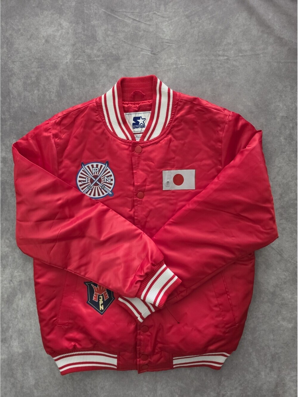 SKU0322 Starter Japan JPN Mens Small Red Satin Bomber Jacket Japanese Flag Retro